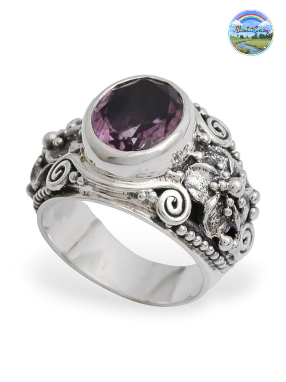 Handmade Amethyst Cocktail Ring Floral Sterling Silver Faceted Bali